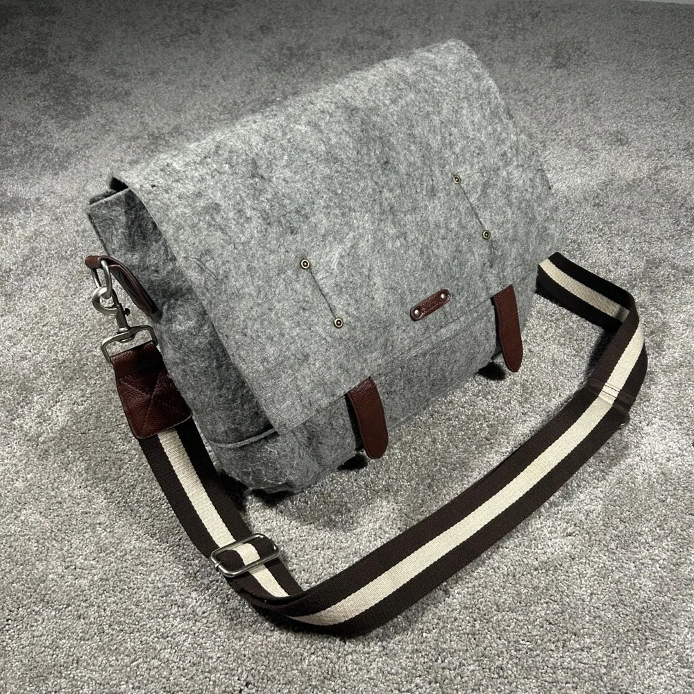Rare Vintage Ducti Grey Wool Felt Messenger Bag Brown Leather Trim Striped Strap